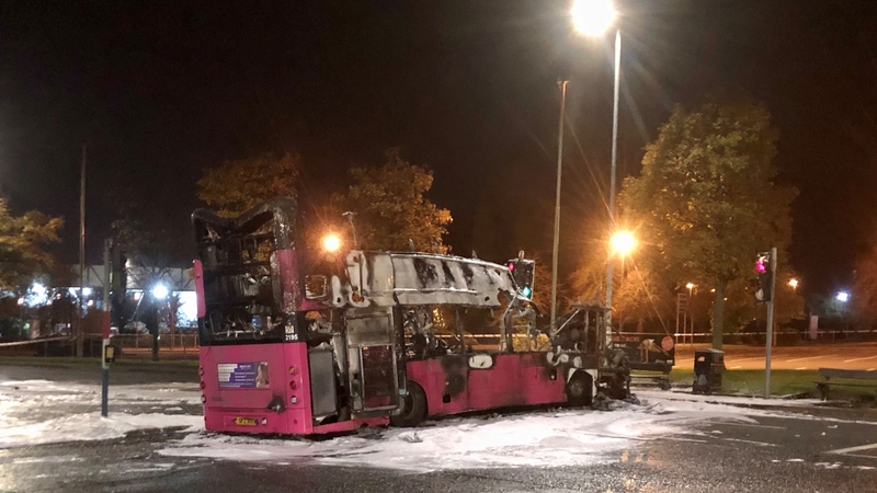 A burnt out double decker bus in Church Road near Rathcoole in Newtownabbey, Co Antrim