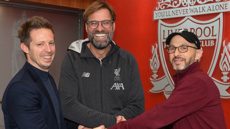 Michael Edwards (L) with Jurgen Klopp and FSG president Mike Gordon