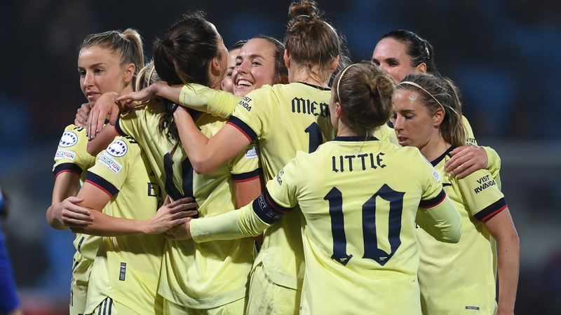 Anna Patten is mobbed scoring Arsenal's fourth goal