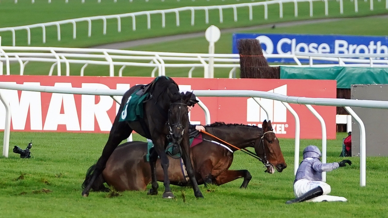 Gin On Lime ridden by Rachael Blackmore (behind) and My Drogo ridden by Harry Skelton both fell, but Blackmore was able to recover