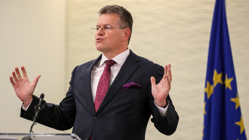 Maroš Šefcovic speaking to reporters in London after his latest meeting with David Frost