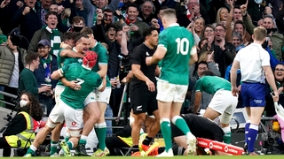 James Lowe celebrates his first-half try against New Zealand
