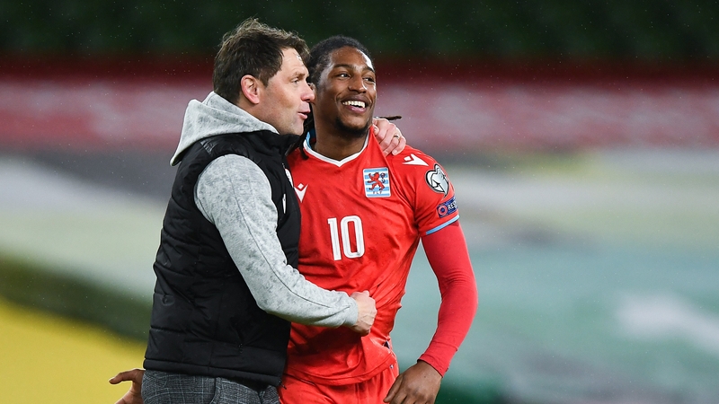 Luxembourg manager Luc Holtz and Gerson Rodrigues of Luxembourg celebrate after their win in Dublin