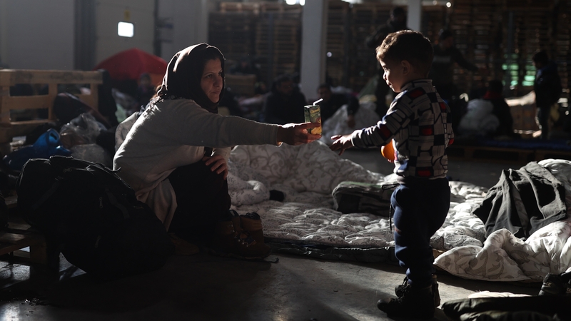 Families at the Bruzgi Transport Logistical Centre, some 1.5 km northeast of the Kuznica Bialostocka-Bruzgi border crossing