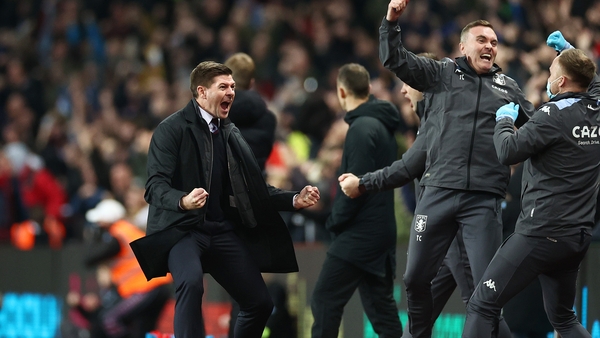 Steven Gerrard celebrates Ollie Watkins' opener