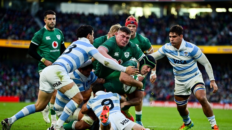 Caelan Doris scores Ireland's third try of the game