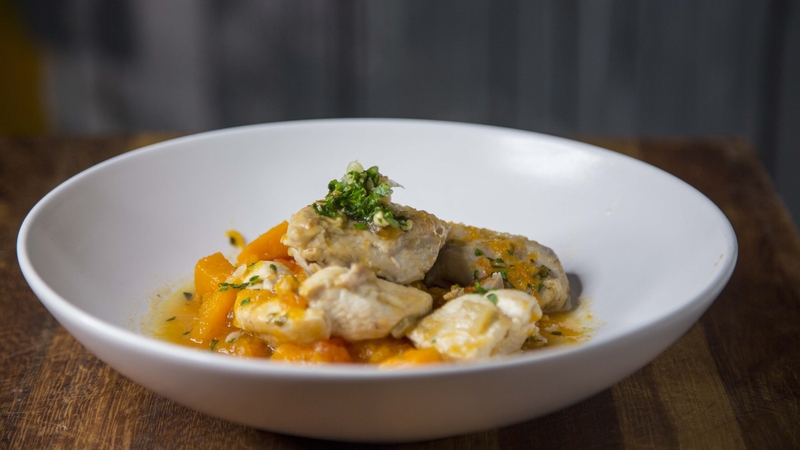 Mark Murphy's chicken and squash casserole with pine nut gremolata
