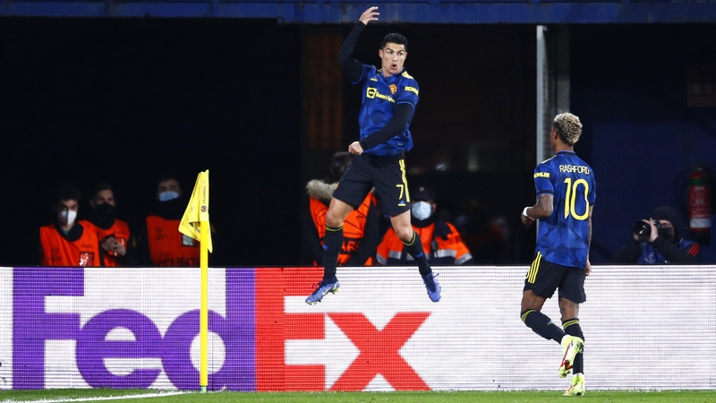 Cristiano Ronaldo goes airborne as he celebrates scoring the opener against Villarreal
