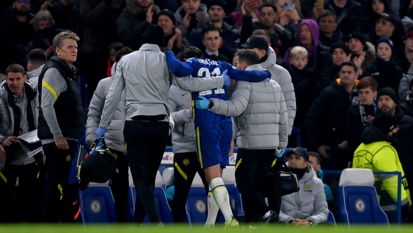 Ben Chilwell is helped off the pitch