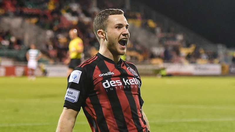 Liam Burt celebrating a goal against Shamrock Rovers at Tallaght last month