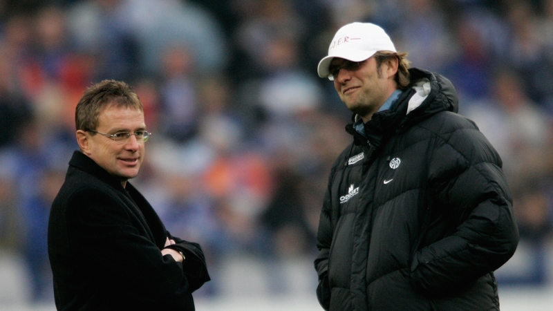 Ralf Rangnick (L) and Jurgen Klopp pictured before a 2005 Bundesliga match between Schalke 04 and FSV Mainz 05