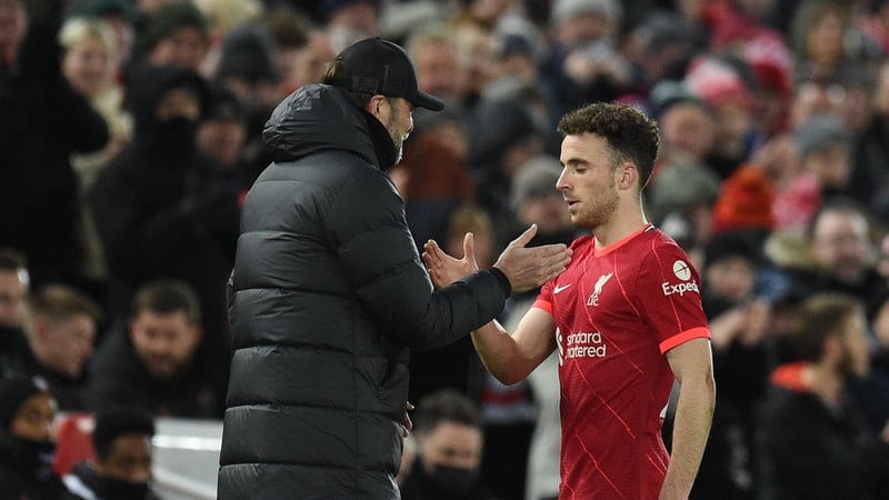 Diogo Jota is congratulated by Liverpool manager Jurgen Klopp when substituted in the second half