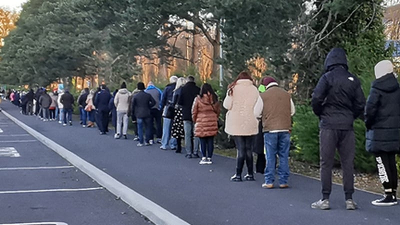 Pictured this morning, healthcare workers queue for their Covid-19 booster vaccines at Citywest (image: Rolling News)