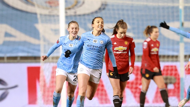 Caroline Weir celebrates her goal in the Mancehster derby