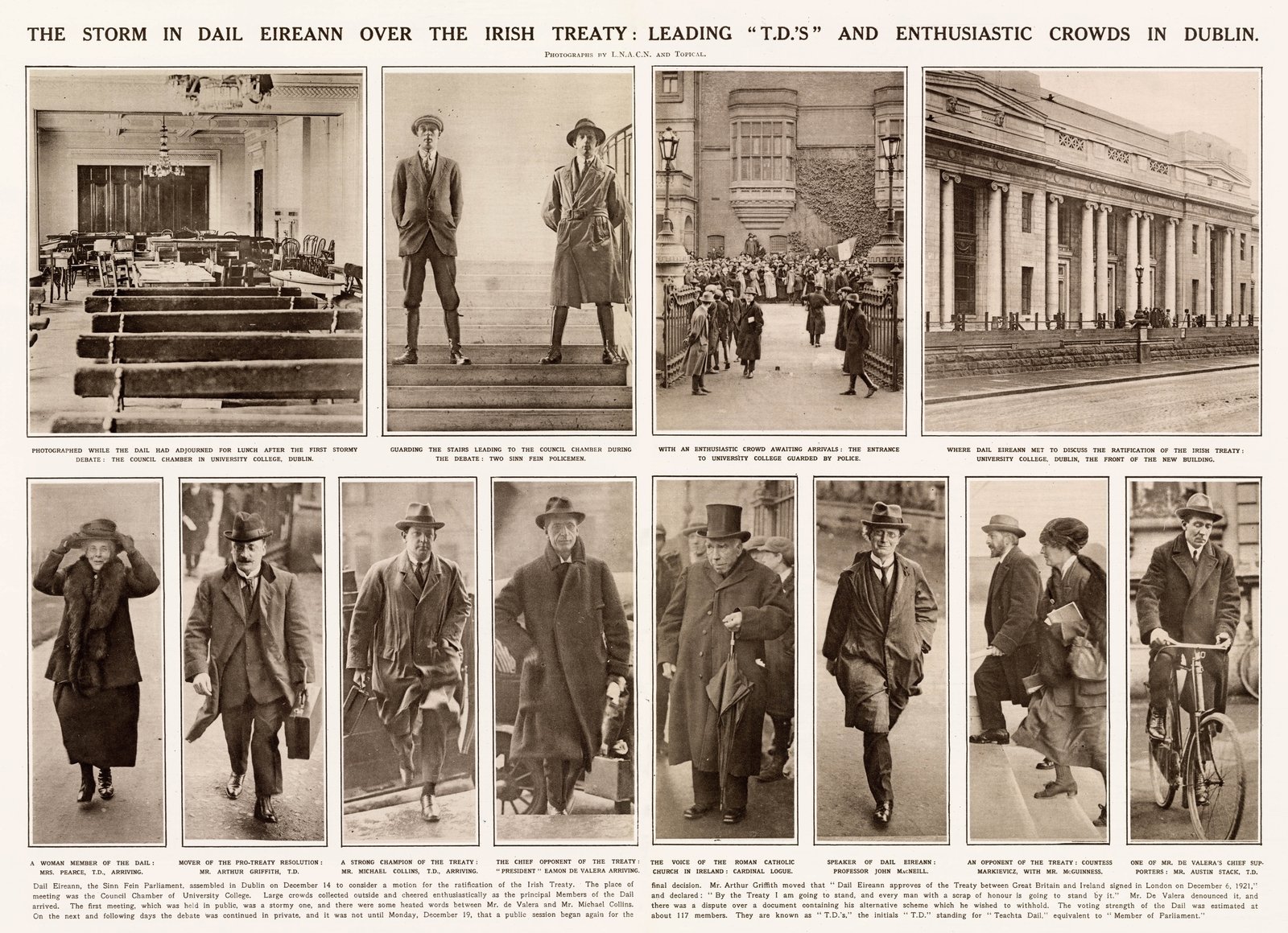 The British media kept a close eye on the debate. This illustrated London News montage of photos from outside and inside the chamber, includes a very rare sight of the Republican Police, who provided security during the debates. Credit: Mary Evans Library