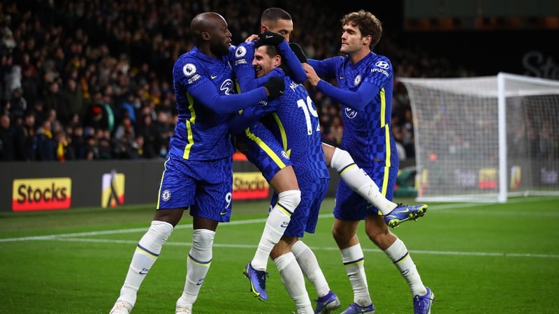 Chelsea players celebrate Hakim Ziyech's goal