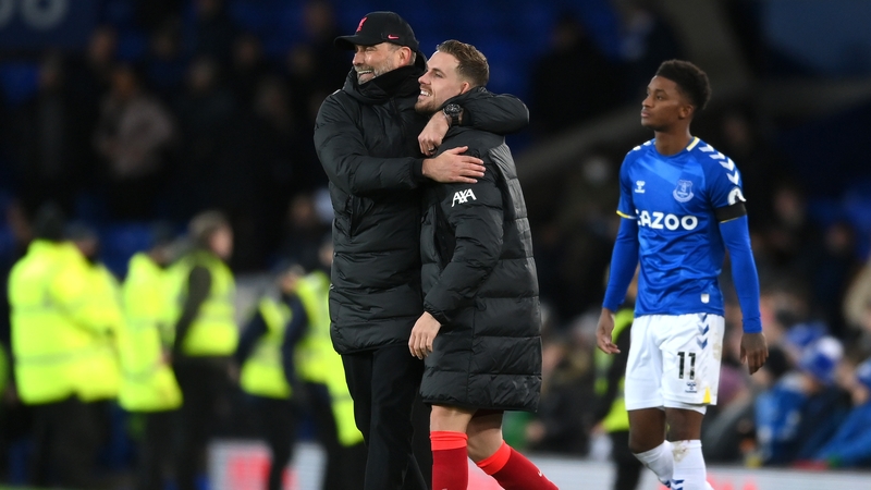 Jurgen Klopp and Jordan Henderson celebrate Liverpool's biggest victory at Goodison Park in 39 years