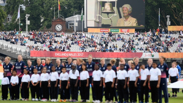 Eileen Ash appears on the big screen ringing the five-minute bell before the ICC Women's World Cup 2017 final.