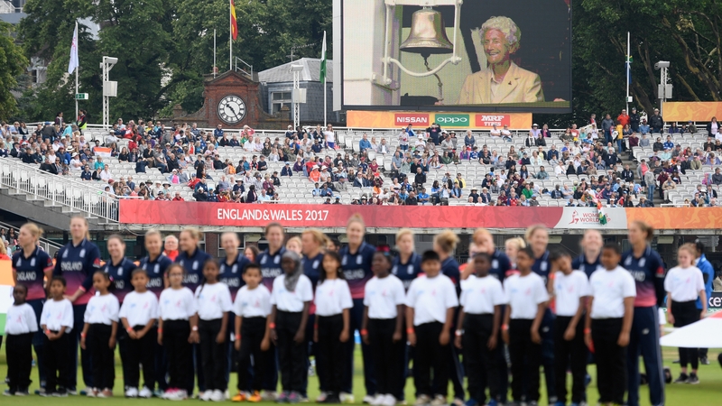 Eileen Ash appears on the big screen ringing the five-minute bell before the ICC Women's World Cup 2017 final.