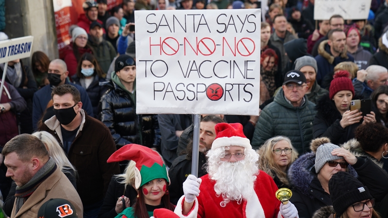 Demonstrators against the new Covid cert system protesting outside Belfast City Hall