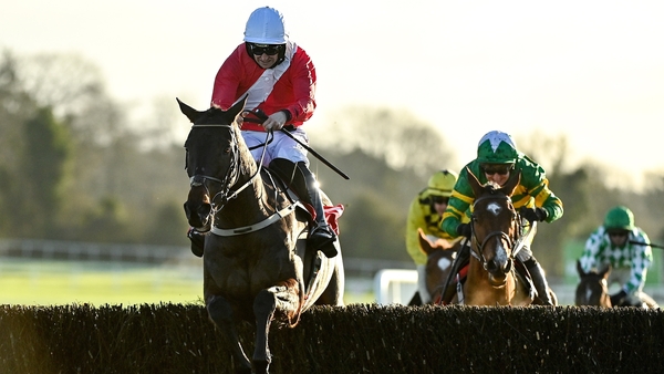 Allaho, with Patrick Mullins up, jumps the last on their way to winning the John Durkan Memorial Punchestown Steeplechase at Punchestown