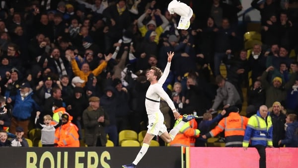 Patrick Bamford celebrates after scoring Leeds' equaliser