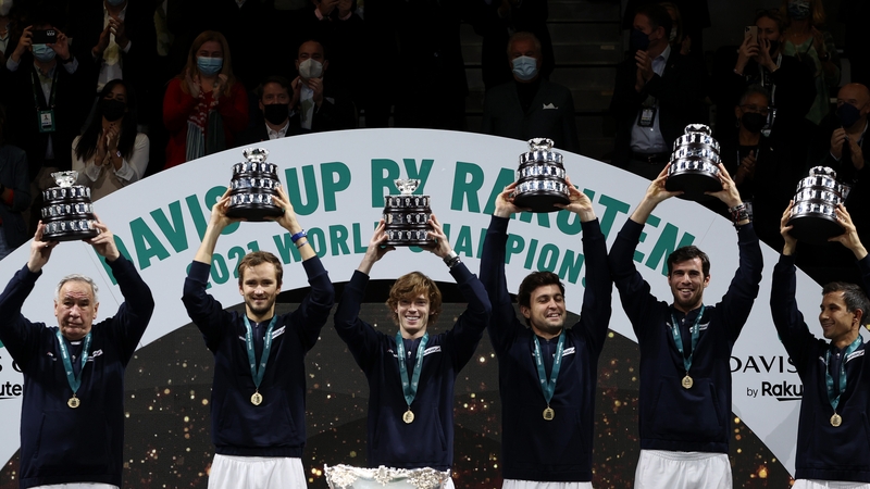 (L-R) Captain Shamil Tarpischev, Danil Medvedev, Andrey Rublev, Aslan Karatsev, Karen Kachanov and Evgeny Donskoy of The Russian Tennis Federation celebrate winning the David Cup