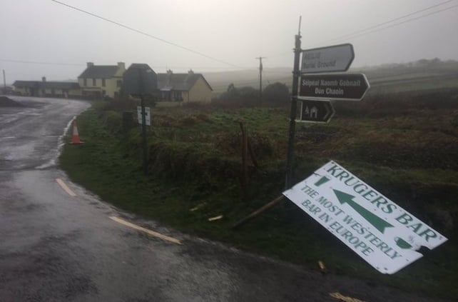 An early storm casualty - the pub sign for Krugers, 'the most westerly bar in Europe', in Dhún Chaoin, Co Kerry