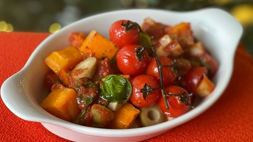 Gareth Mullins' roasted butternut squash with tomato, red pepper, olives and potato