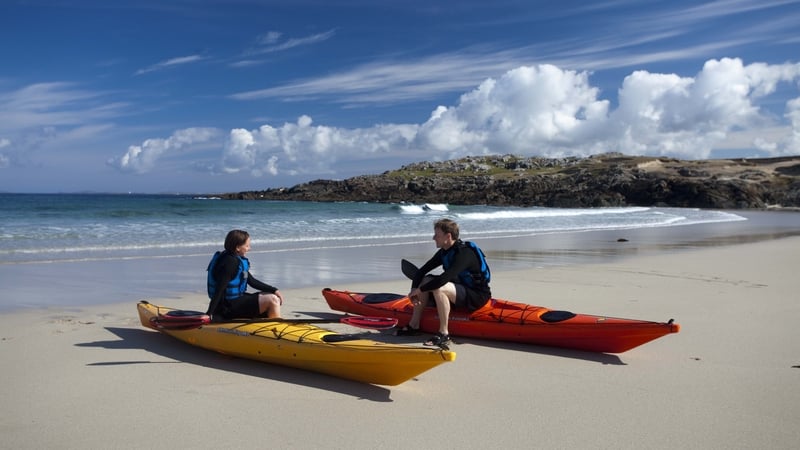 Sea kayakers in False Bay, Mannin, Connemara, Co Galway, Ireland