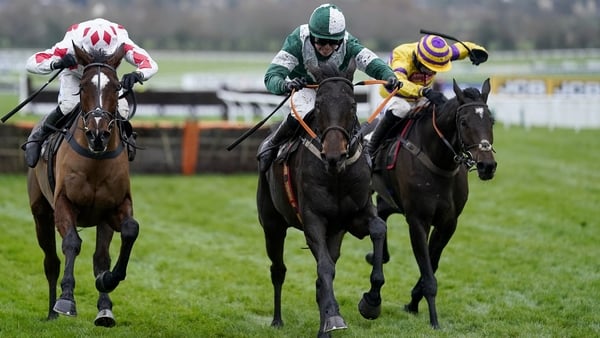 Blazing Khal (green and white silks) has won both of his starts at Cheltenham