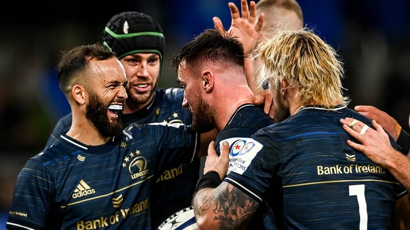 Leinster celebrate Ronán Kelleher's try