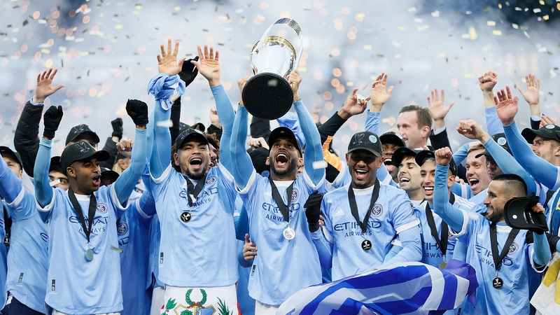 New York City players celebrate winning the MLS Cup, which is the league championship game