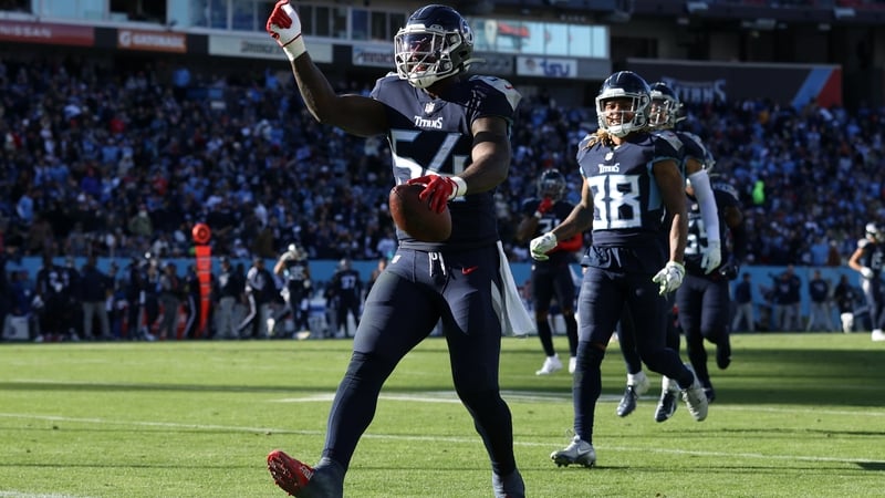 Rashaan Evans of the Tennessee Titans celebrates after intercepting a pass