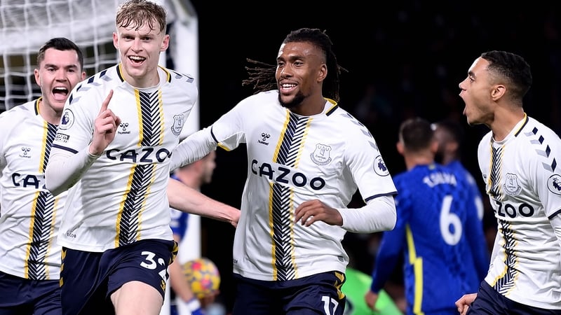 Jarrad Branthwaite (second from left) celebrates his goal with Michael Keane, Alex Iwobi and Lewis Dobbin