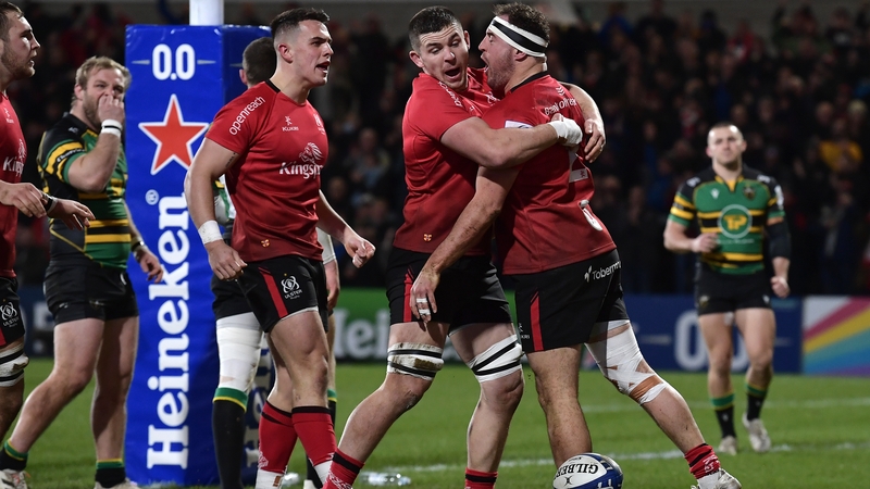 Ulster celebrate Rob Herring's opening try