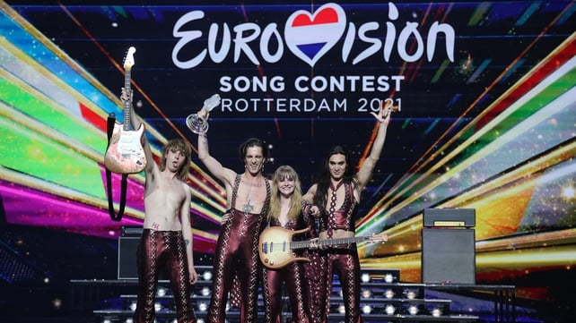 22 May: Italy's Maneskin pose for pictures on stage with the trophy after winning the final of the 65th edition of the Eurovision Song Contest at the Ahoy Convention Centre in Rotterdam, Netherlands (Photo: Kenzo Tribouillard)