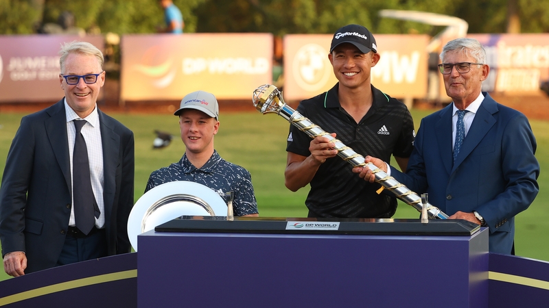 L-R: Keith Pelley, Brendan Lawlor, Collin Morikawa and David Williams at November's prize giving in Dubai