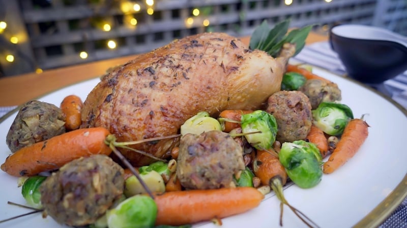 Catherine Fulvio's roast duck with apple walnut and chestnut stuffing and port & redcurrant sauce.