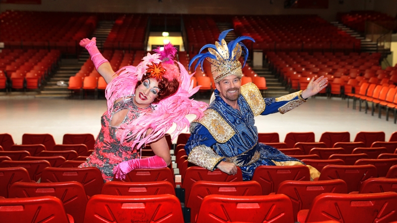 (L-R) Rob Murphy as Dame Buffy and Alan Hughes as Sammy Sausages from the cast of Alan Hughes and Karl Broderick's Aladdin at the National Stadium Photo: Brian McEvoy