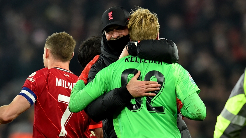 Klopps embracing Caoimhin Kelleher at full-time