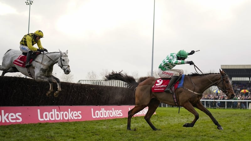 Danny Mullins and Tornado Flyer clear the last to win the Kempton feature