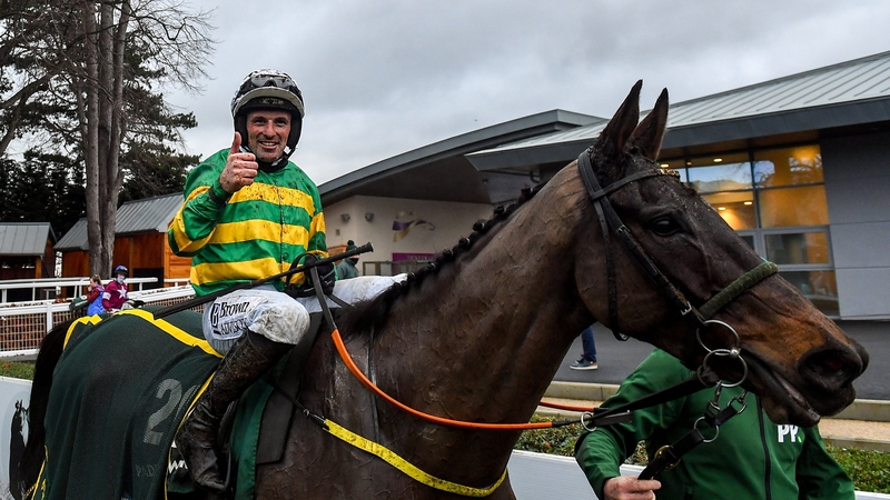 Sean Flanagan celebrates after winning the Paddy Power Steeplechase on School Boy Hours