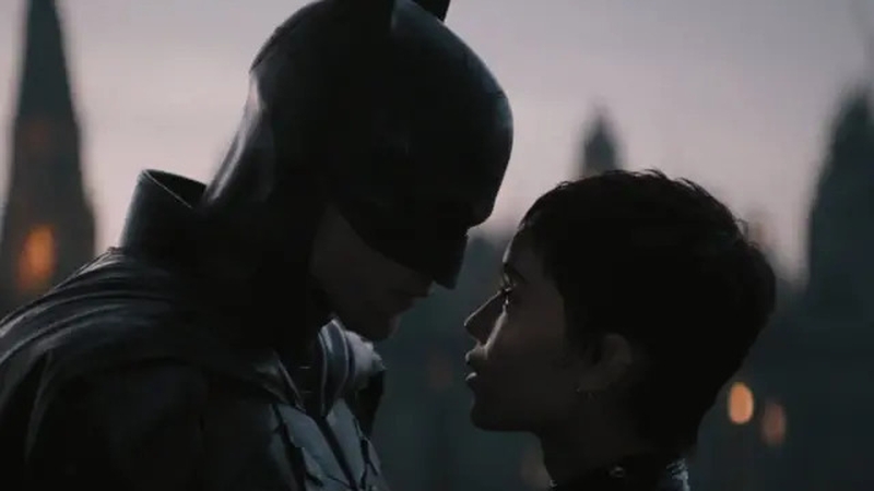 Robert Pattinson as Batman and Zoë Kravitz as Catwoman in The Batman. Photo credit: DC/Warner Bros/YouTube