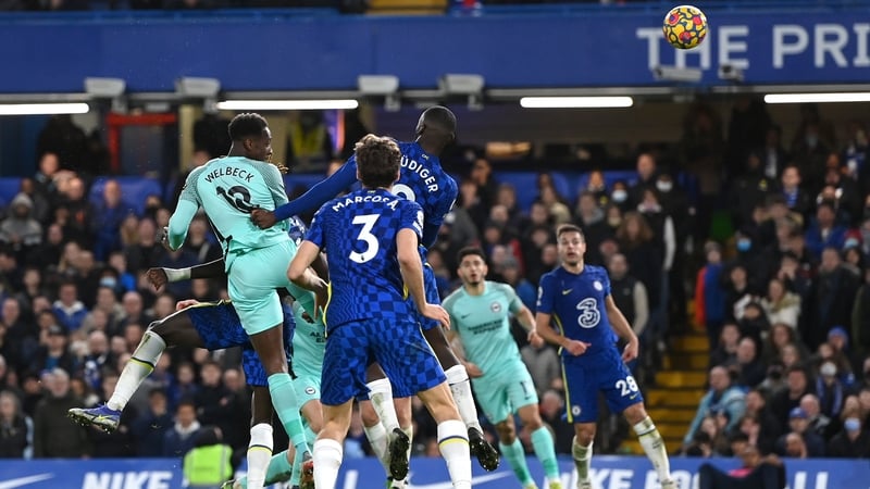 Danny Welbeck heads home from a Marc Cucurella cross