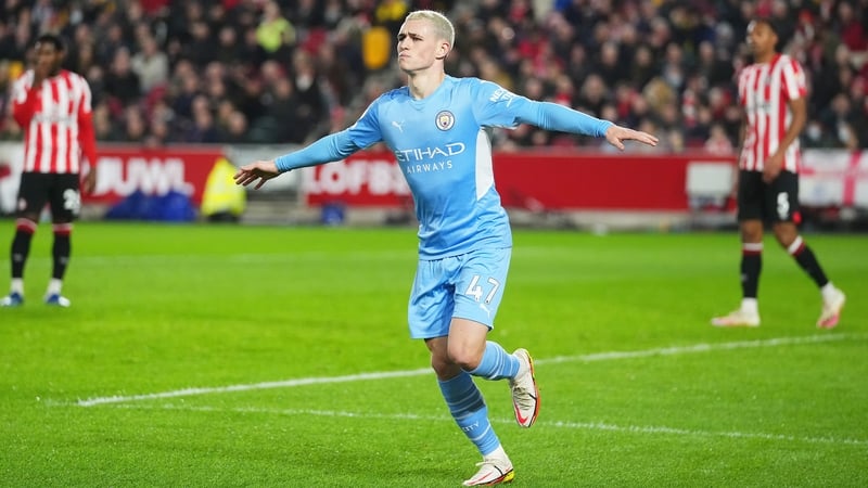 Phil Foden celebrates scoring what proved to be the only goal of the game at Brentford Community Stadium