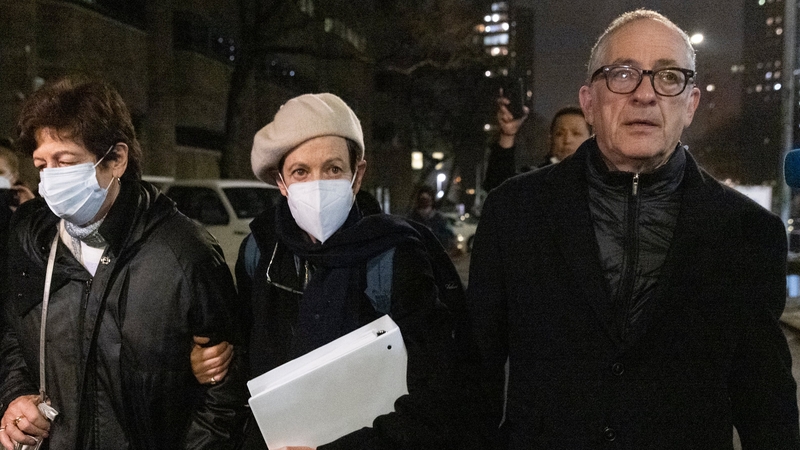 Christine Maxwell (L), Isabel Maxwell and Kevin Maxwell, siblings of Ghislaine Maxwell, depart from the federal courthouse last night