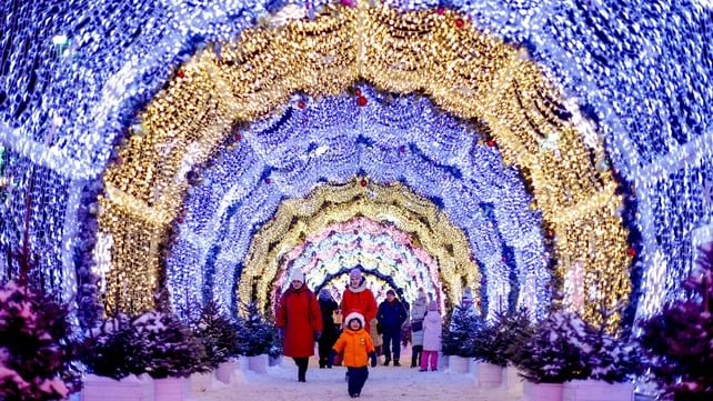 Decorations and lights in Moscow, Russia with Covid restrictions loosening as 2022 arrived