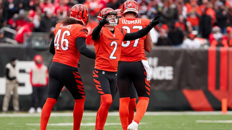 Evan McPherson (#2) celebrates after kicking a field goal for Cincinnati Bengals