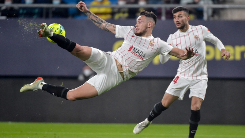 Sevilla's Lucas Ocampos attempts the acrobatic at the Nuevo Mirandilla stadium.